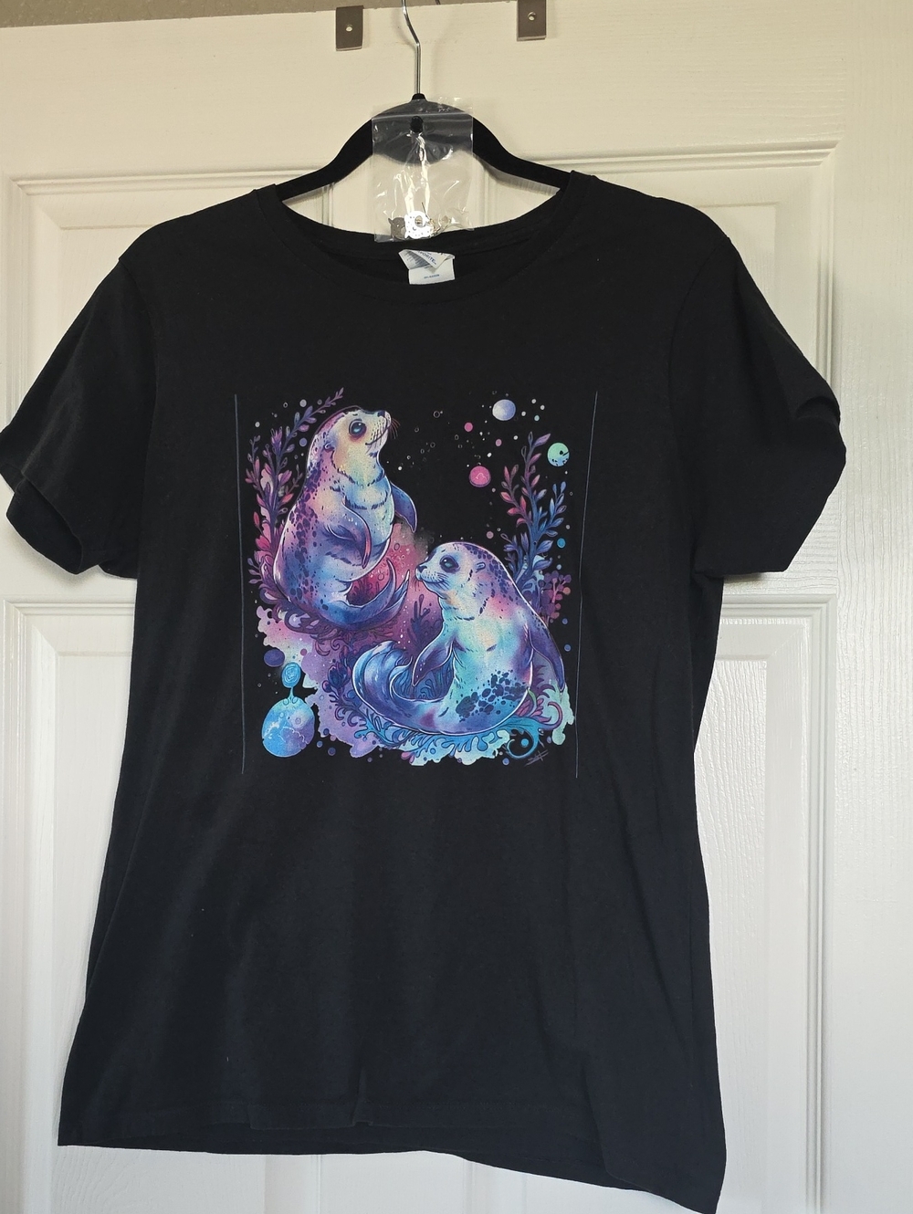 Black Graphic Short Sleeve Tee with Colorful Seal Artwork